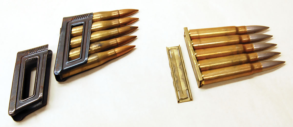 On the left, the Mannlicher en bloc clip (empty and loaded) is compared to the Mauser charger (empty and loaded) on the right. The Mauser is far superior.